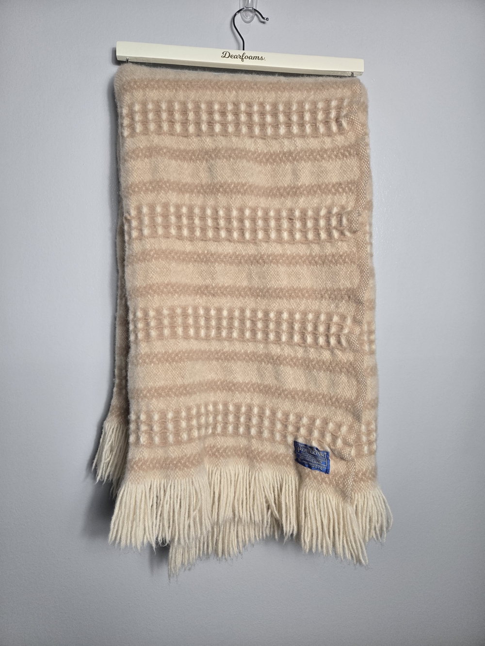 Vintage Pendleton 100% Pure Virgin Wool Fringed Throw Blanket Cream Beige Stripe